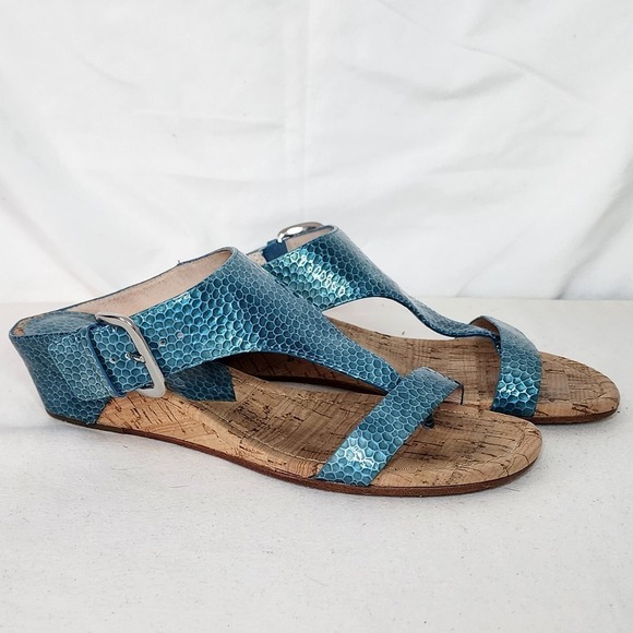 Donald J. Pliner Shoes - Donald Pliner Wedge Sandals Cork Bottom Blue Leather Size 7.5